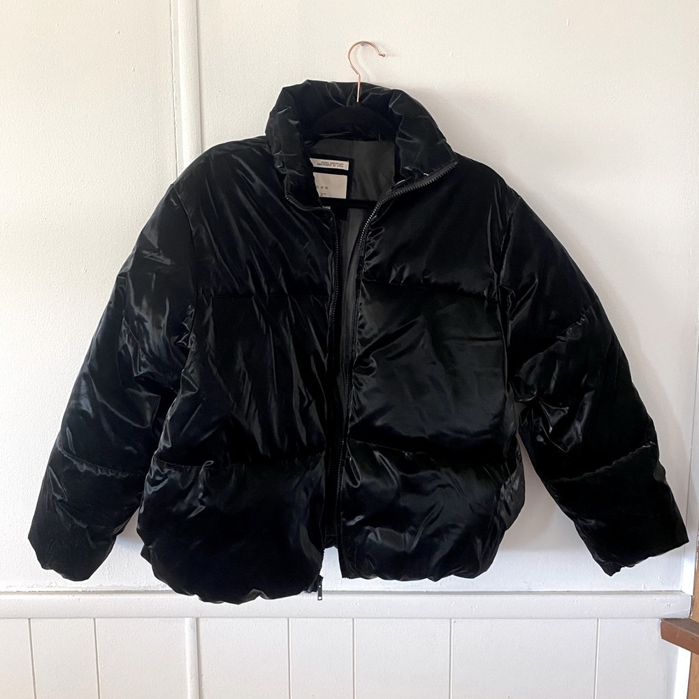 Black shiny puffer jacket, a new day brand, size small, water resistant